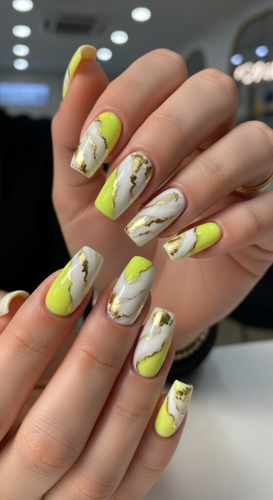 16. Neon Yellow Marble Nails