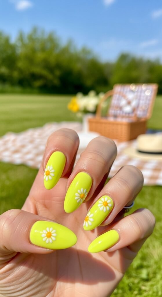 5. Neon Yellow Floral Nails