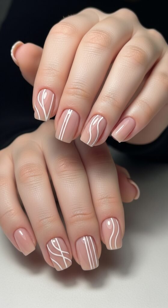 11. Short Nude Nails with White Lines