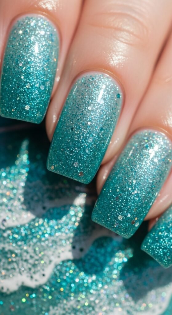 12. Aqua Glitter Nails