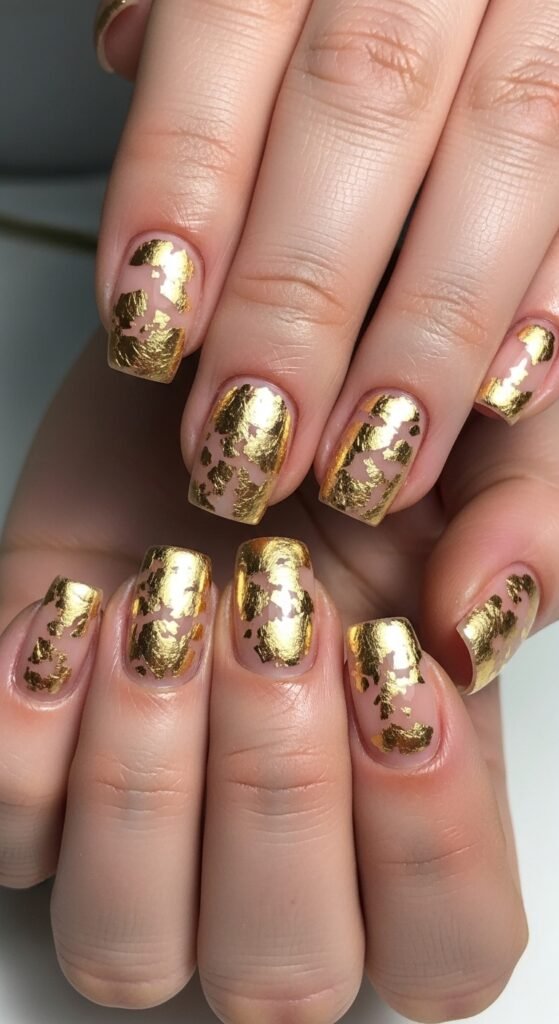20. Short Nude Nails with Gold Foil