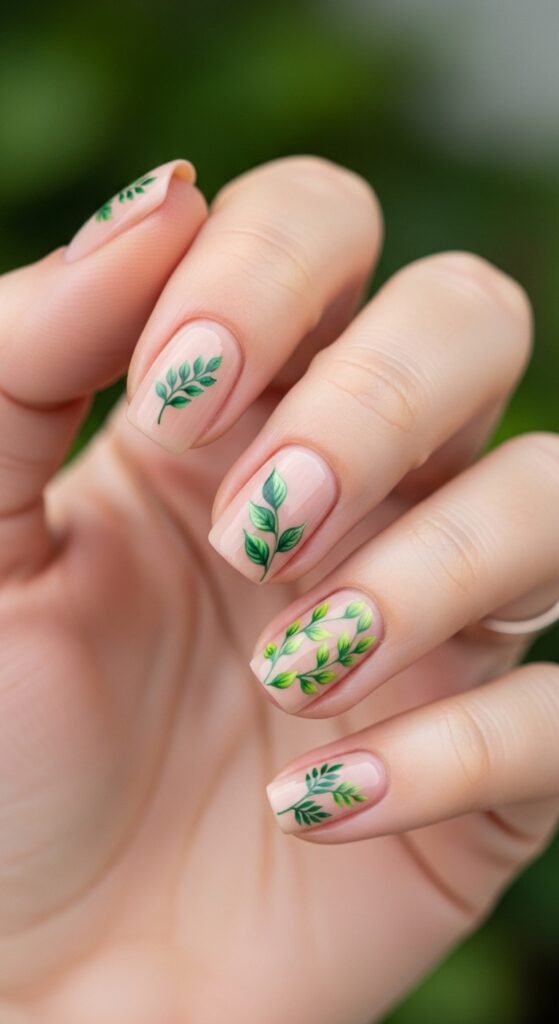 9. Green Leaf Accent Nails