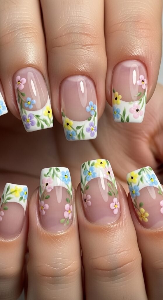 6. Floral French Tip Nails