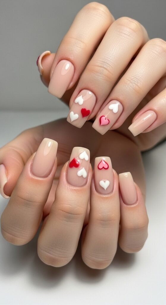 9. Short Nude Nails with Tiny Hearts