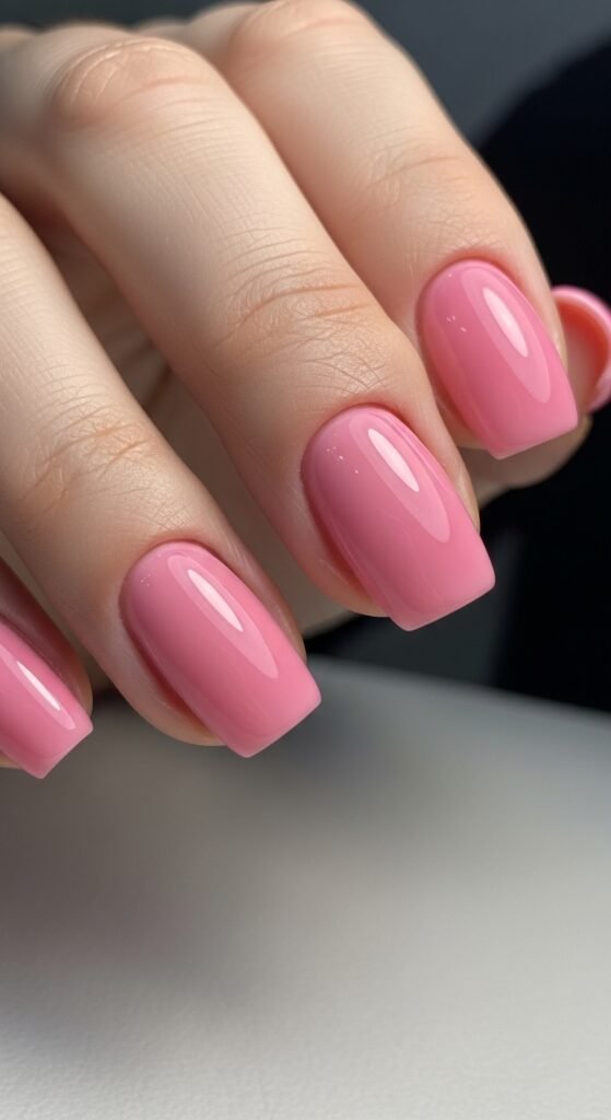 11. Short Glossy Pink Nails