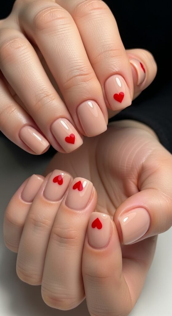 9. Nude Nails with Tiny Hearts