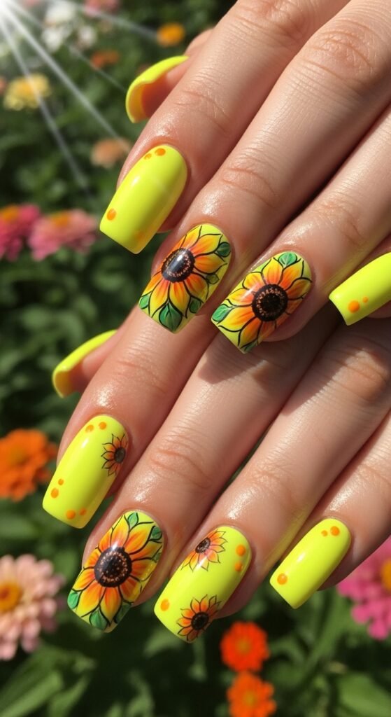 22. Neon Yellow Sunflower Nails