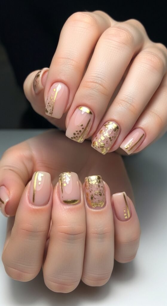 6. Short Nude Nails with Gold Accent