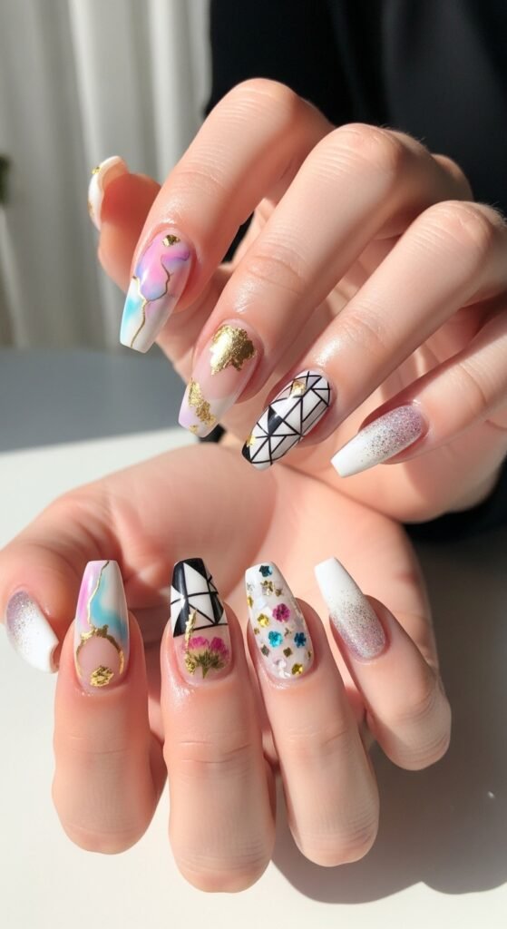 25. Mixed Design Acrylic Nails