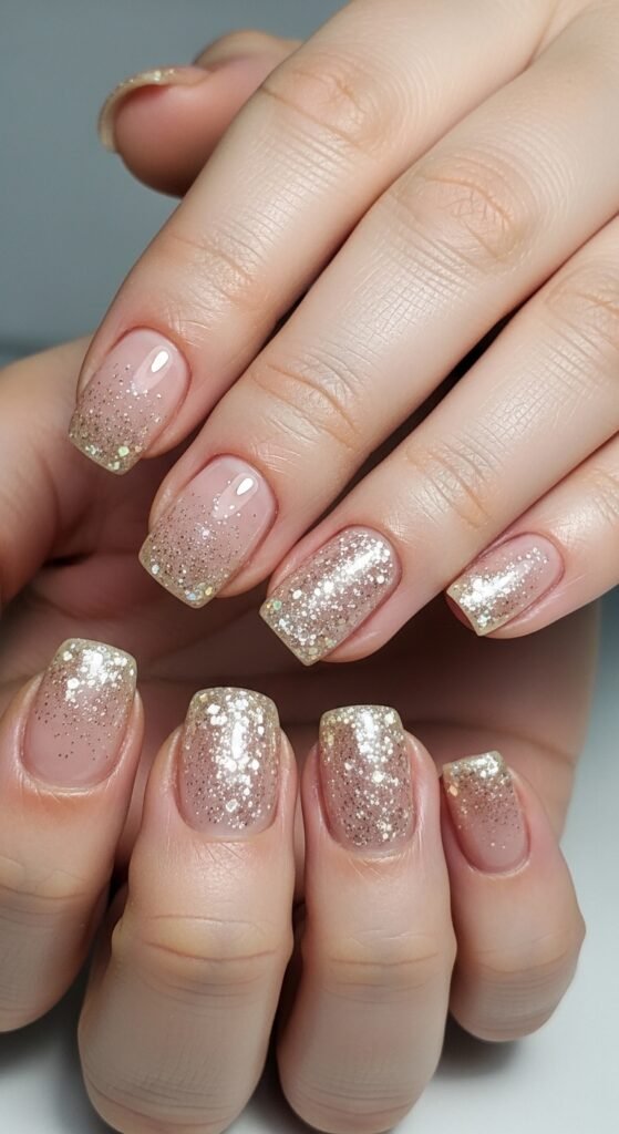 21. Short Nude Nails with Micro Glitter