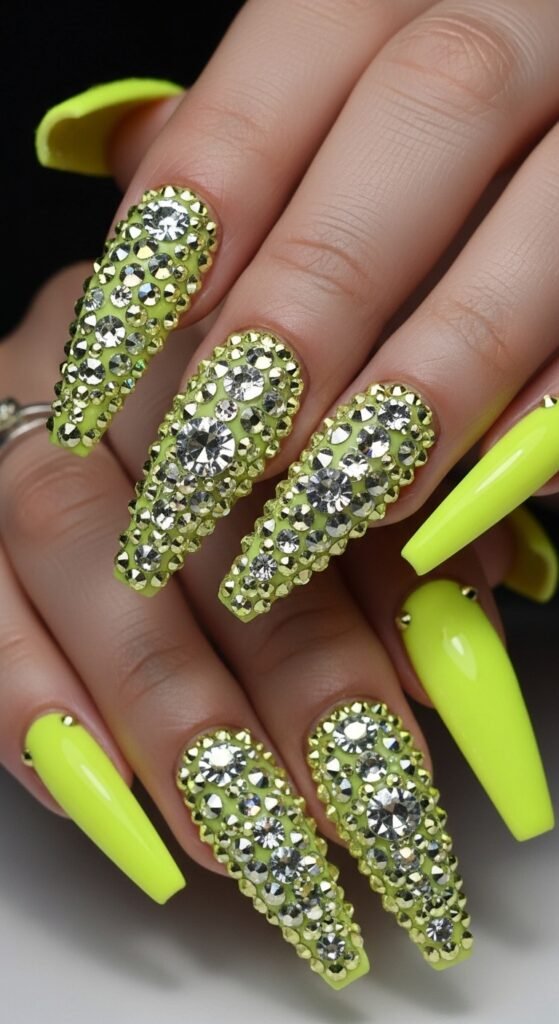 17. Neon Yellow Rhinestone Nails