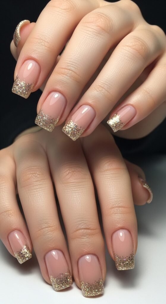 12. Short Nude Nails with Glitter Tips