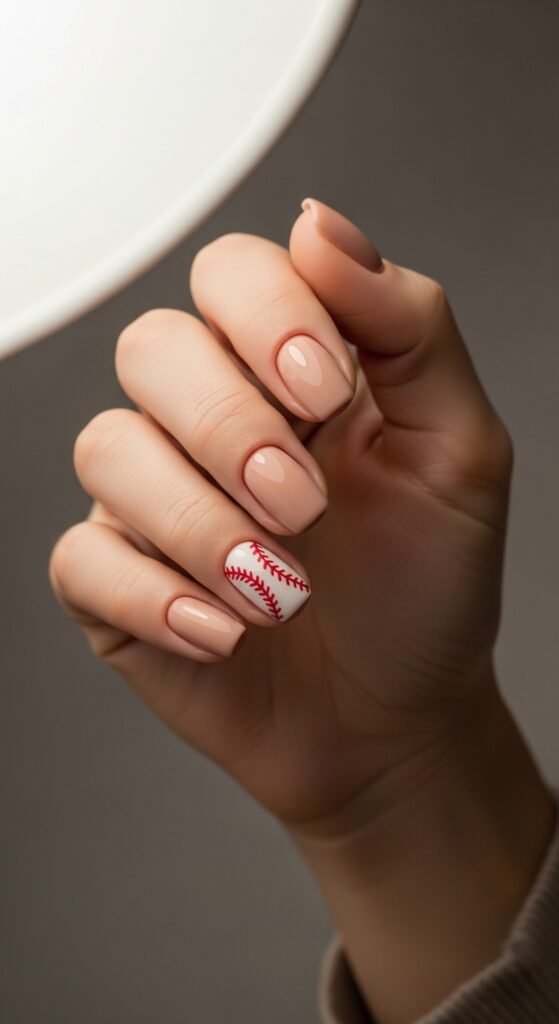 2. Nude Base with Baseball Accent Nail