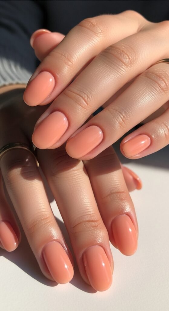 8. Glossy Peach Short Nails