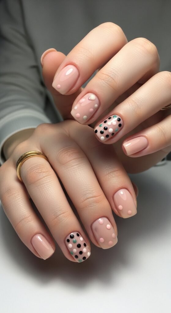 15. Short Nude Nails with Dots