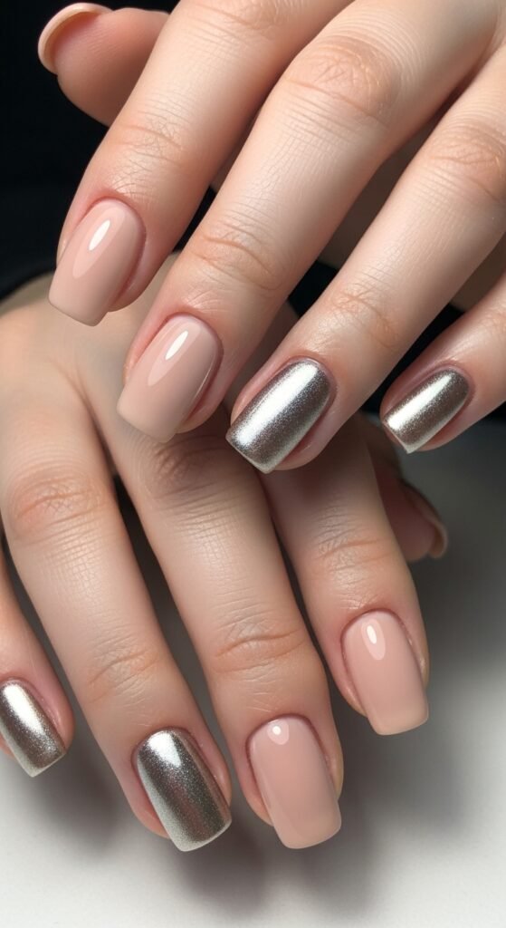 17. Short Nude Nails with Chrome Finish