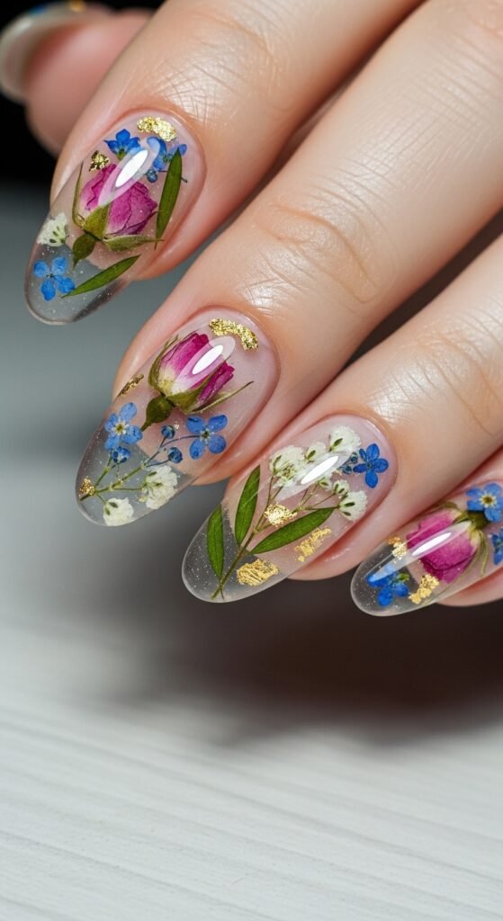 23. Clear Acrylic Nails with Flowers