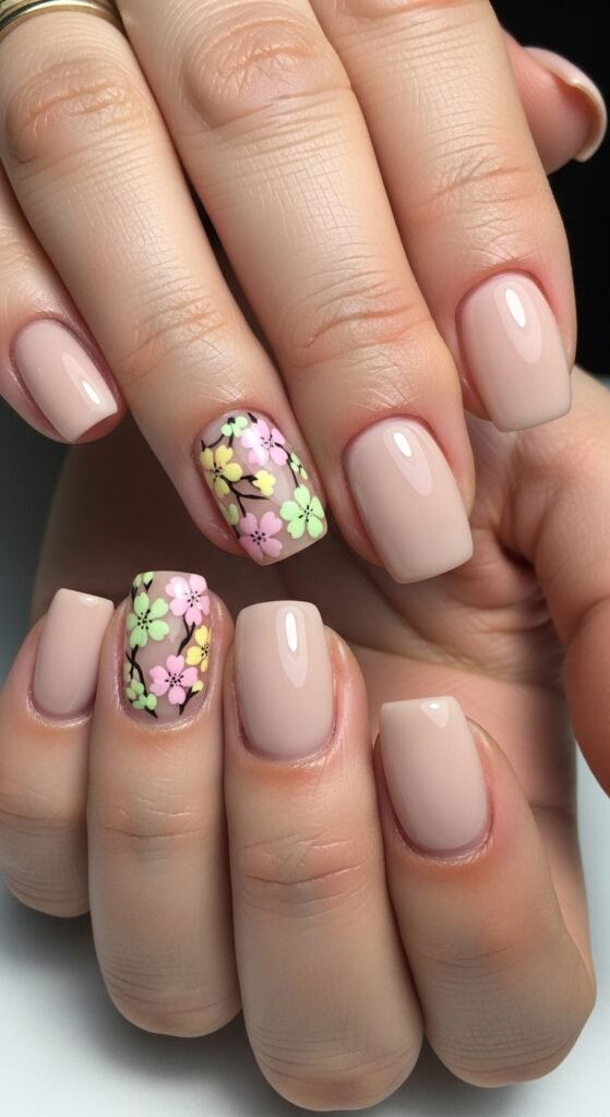 20. Floral Accent Short Nails