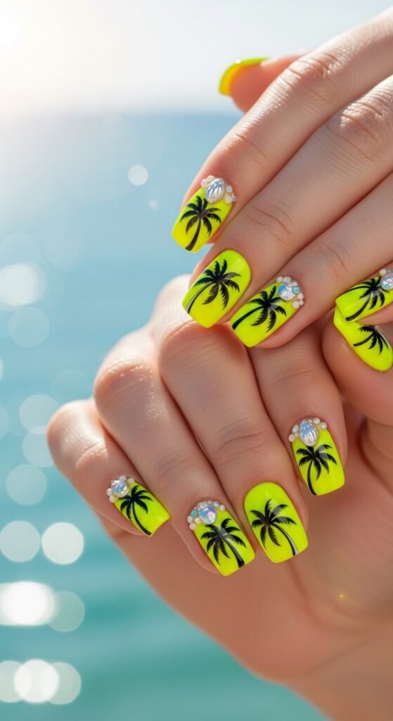 13. Neon Yellow Beach Nails