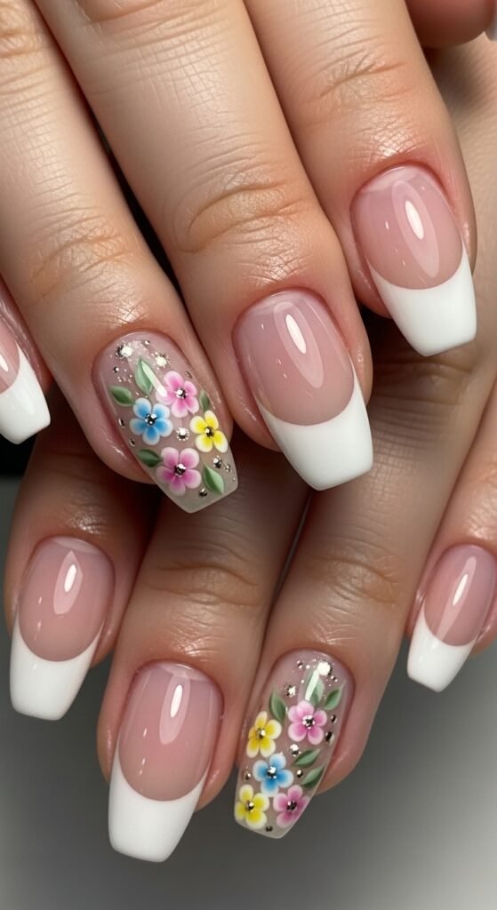 19. French Tips with Flowers