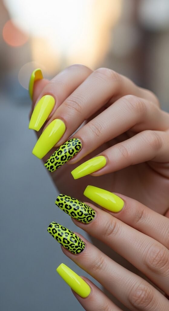 18. Neon Yellow Animal Print Nails
