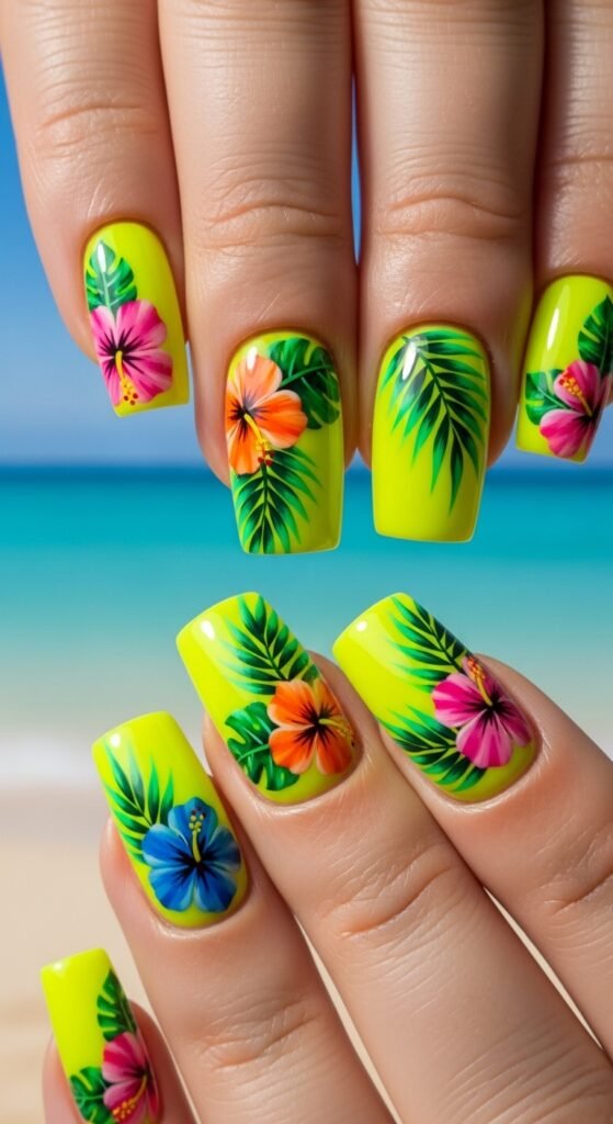 25. Neon Yellow Tropical Nails