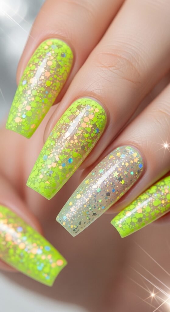 23. Neon Yellow Glitter Ombre Nails