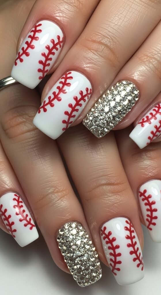 19. Rhinestone Baseball Nails