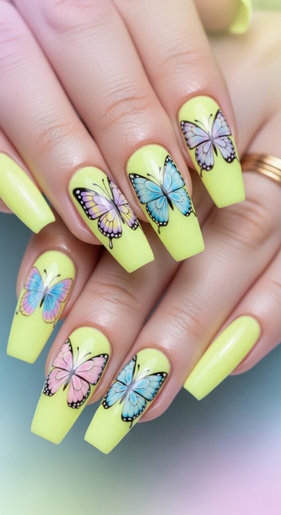 14. Neon Yellow Butterfly Nails