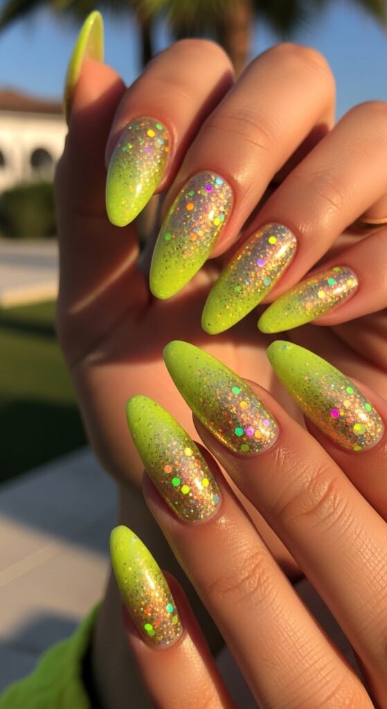 10. Neon Yellow Glitter Nails