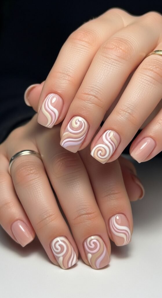 22. Short Nude Nails with Minimal Swirls