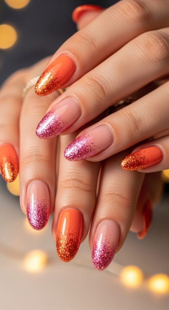 15. Sunset Glitter Fade Nails