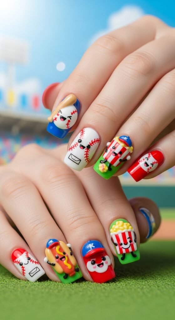 14. Cartoon Baseball Nails