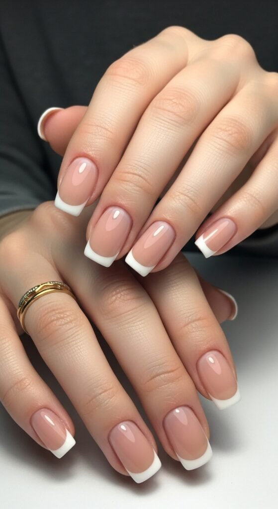 23. Short Nude Nails with White Tips