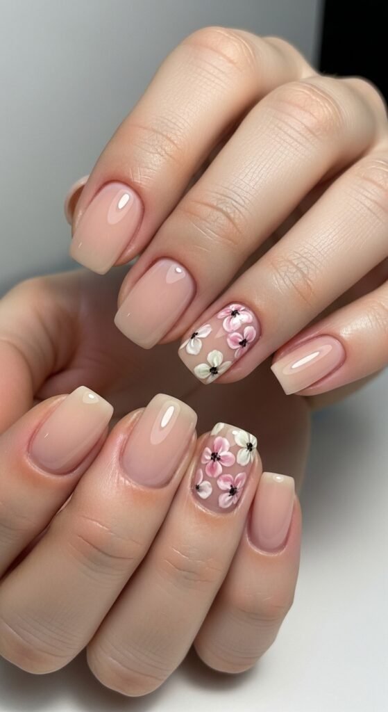 19. Short Nude Nails with Floral Accent