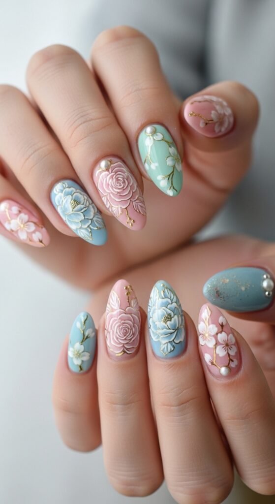 11. Almond Shape Floral Nails