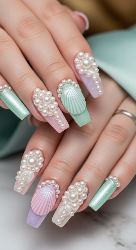 8. Shell & Pearl Accent Nails