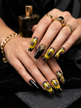 15. Black and Yellow Sunflower Nails