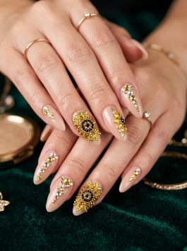19. Rhinestone Sunflower Nails
