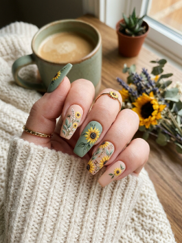 6. Matte Sunflower Nail Art