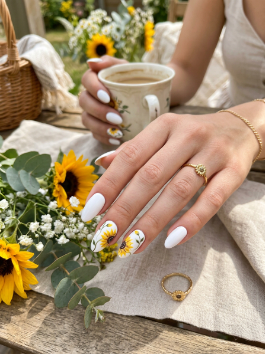 7. White and Sunflower Nails