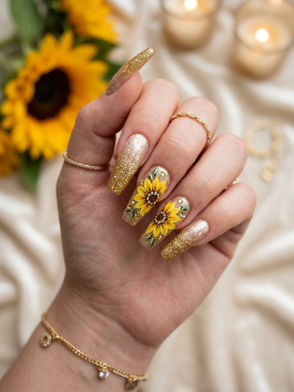 9. Glitter Sunflower Nails